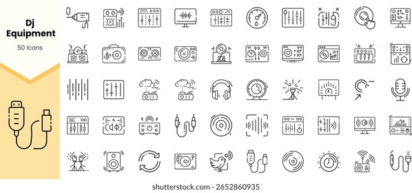 A collection of DJ equipment icons, featuring mixers, turntables, microphones, and sound systems designed in a minimalist style.