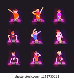 Collection of DJs playing music on mixer console deck at the party in night club, young people mixing music on vinyl turntables vector Illustration
