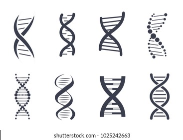 Collection of DNA deoxyribonucleic acid chains logo design in black and white colors, DNA logotypes of nucleotides carrying genetic instructions vector