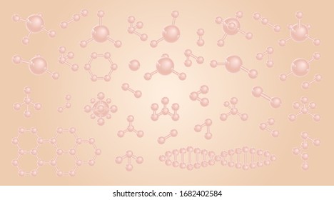 Collection of the DNA molecule. Set of abstract light pink 3D model isolated on pink background. Vector illustration.