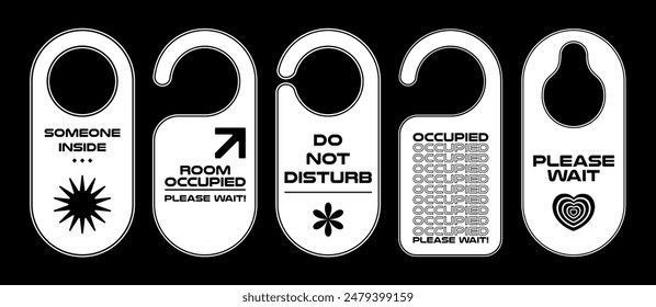 Collection Do Not Disturb door hangers. Privacy door hangers, tags for clothing store, office, hotel. Vector illustration set