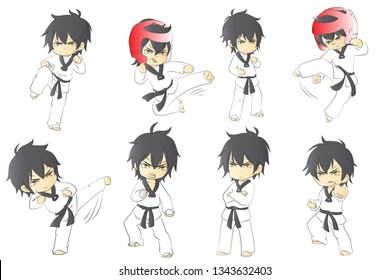 Collection Of Do Taekwondo With Different Emotions. Flat Cartoon Characters. Colored Vector Illustration.