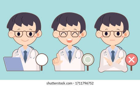 The collection of doctor with computer and and correct on the white label.The character of doctor in flat vector for healthcare and medical.