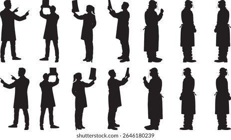 Uma coleção de silhuetas médicas e médicas, retratando diferentes poses, examinando documentos e utilizando tecnologia dentro do campo médico.