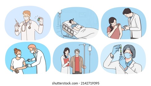 Collection of doctors cure help patients in medical institution. Set of nurses or caregivers assist sick people in clinic or hospital. Healthcare and medicine. Flat vector illustration. 