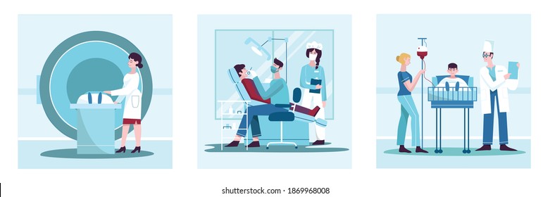 Collection of doctors examines patient. People at mri scan, examination by dentist and patient connected to a ventilator. Vector illustration in cartoon style.