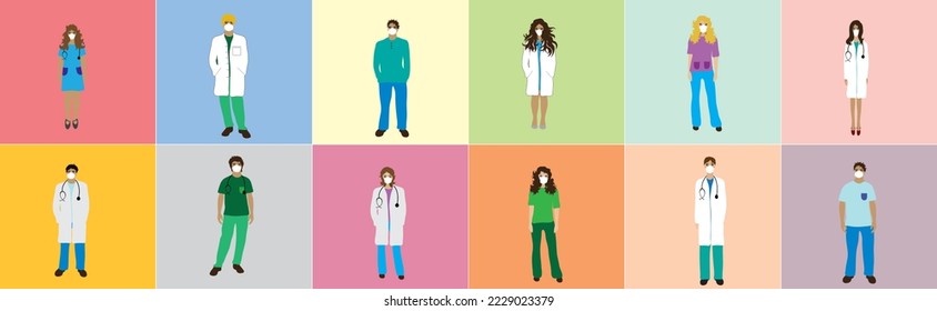 Colección de médicos y enfermeras en marcos de colores. Símbolo de atención hospitalaria y médica.