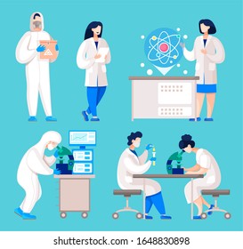 Collection of doctors or scientists in researching laboratory working on analysis of experiments. Chemists and biologists with equipments and devices for work. People with microscope, vector