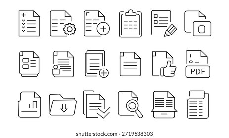 Colección de los iconos de documentos y archivos en estilo de línea