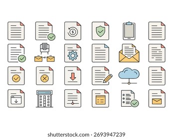 Colección de iconos de archivos de documentos que representan varias funciones y gestión de datos en un estilo minimalista perfecto para el Diseño web