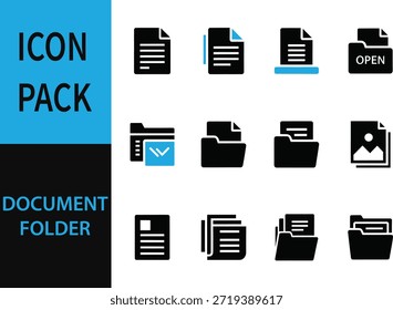 Colección de los iconos de documentos y carpetas en negro y azul sobre un fondo blanco, con texto 'ICON PACK' y 'DOCUMENT FOLDER'
