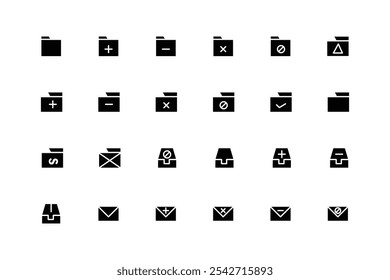 Collection of document and folder icons. Vector illustration in black. Office stationery web design element isolated on white background. Storage of documentation, archives.