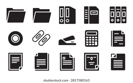 Collection of document icons including folders binders staplers calculators and papers for office administration.