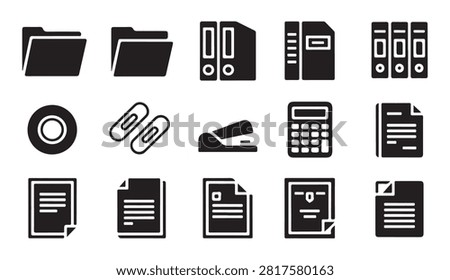 Collection of document icons including folders binders staplers calculators and papers for office administration.
