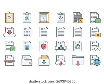 Colección de íconos de documentos que representan varias acciones de gestión de archivos Transferencia de datos y medidas de seguridad para documentos digitales