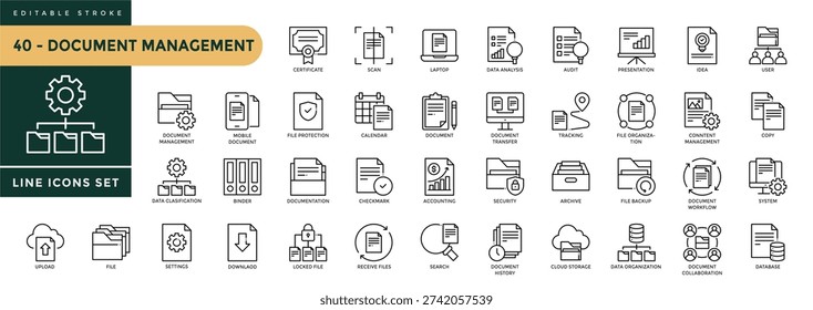 
A collection of Document Management icons set with editable stroke, including organization, folder, archive, storage,. Thin linear vector illustration.
