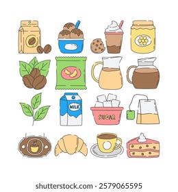 A collection of doddle illustrations featuring morning beverages and snacks, including coffee, tea, milk, sugar, honey, pastries, and nuts. Perfect for breakfast-themed designs and digital assets.