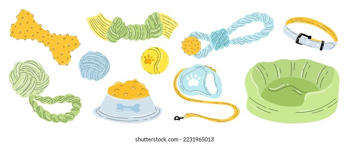 Collection of dog acessories and supplies isolated on white background. Dogs toy, food bowl, rope, bone, collar, dogs bed. Flat minimalist style vector illustration. 

