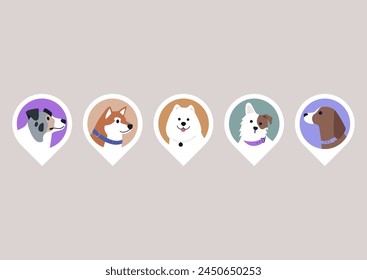 A collection of dog avatars, showcasing a variety of pedigreed puppies