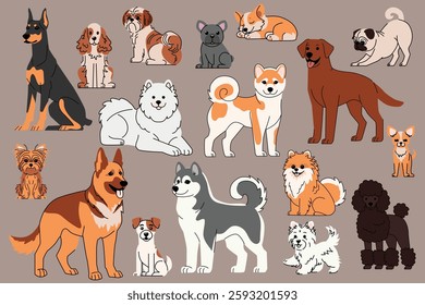 Collection of dog breeds illustration. A variety of cute dog breeds, including Akita Inu, Labrador, Pomeranian, Doberman, and more, in a modern, minimalist style. Perfect for pet-related designs