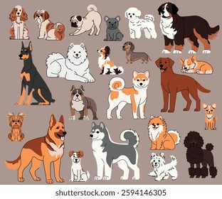 Collection of dog breeds illustration. A variety of cute dog breeds, including Akita Inu, Labrador, Pomeranian, Doberman, and more, in a modern, minimalist style. Perfect for pet-related designs