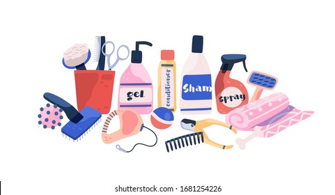 Collection dog and cat grooming equipment isolated on white background. Shampoo, comb, toys and tools for pet coat care vector flat illustration. Cartoon bottle for wash and clean of domestic animal