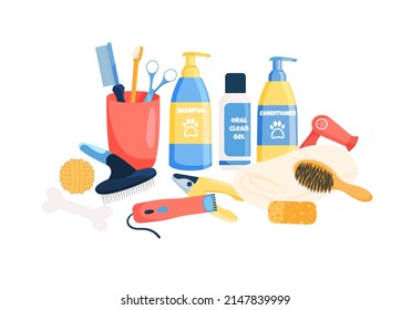 Collection dog and cat grooming equipment isolated on white background. Shampoo, comb, toys and tools for pet coat care. Vector flat cartoon set for wash and clean of domestic animal.