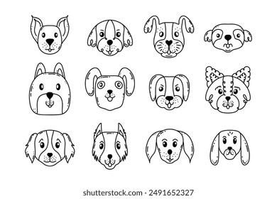 Collection of dog faces in doodle  style on white background.