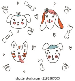 Collection of dog faces Hand drawn isolated vector illustration in doodle style