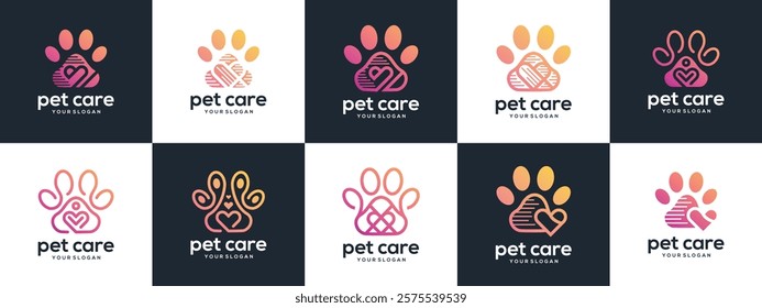 Collection of dog paw logo design illustrations. Dog paw logo template full of love.