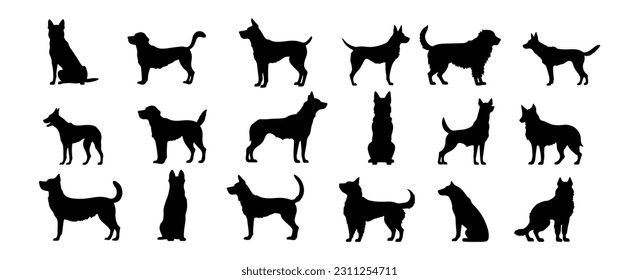 Collection of dog silhouettes isolated on white background. Black puppy standing poses icon shape design vector illustration