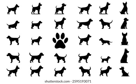 A collection of dog silhouettes, various breeds, and poses with paw prints. A set of dog illustrations with different body shapes, including standing, sitting, and lying down positions. 