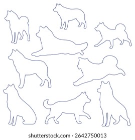 A collection of dog silhouettes in various poses and breeds. Perfect for pet lovers, veterinarians, or dog trainer. animal, canine, domestic, cute, friendly, loyal, companion