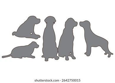 A collection of dog silhouettes in various poses and breeds. Perfect for pet lovers, veterinarians, or dog trainer. animal, canine, domestic, cute, friendly, loyal, companion