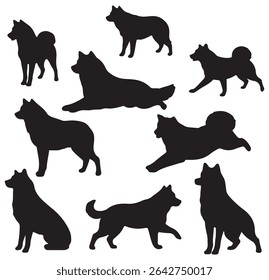 A collection of dog silhouettes in various poses and breeds. Perfect for pet lovers, veterinarians, or dog trainer. animal, canine, domestic, cute, friendly, loyal, companion