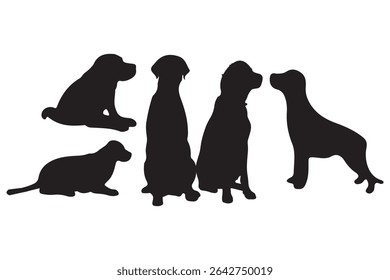 A collection of dog silhouettes in various poses and breeds. Perfect for pet lovers, veterinarians, or dog trainer. animal, canine, domestic, cute, friendly, loyal, companion