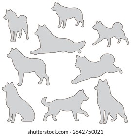 A collection of dog silhouettes in various poses and breeds. Perfect for pet lovers, veterinarians, or dog trainer. animal, canine, domestic, cute, friendly, loyal, companion