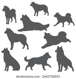 A collection of dog silhouettes in various poses and breeds. Perfect for pet lovers, veterinarians, or dog trainer. animal, canine, domestic, cute, friendly, loyal, companion
