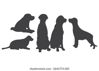 A collection of dog silhouettes in various poses and breeds. Perfect for pet lovers, veterinarians, or dog trainer. animal, canine, domestic, cute, friendly, loyal, companion
