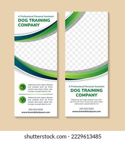 collection of dog training company roll up banner template. curve green and blue gradient color and fully marketing purpose design. attractive standee vertical layout banner. space for photo collage.