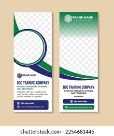 collection of dog training company roll up banner template. curve green and blue gradient color and fully marketing purpose design. attractive standee vertical layout banner. space for photo collage.