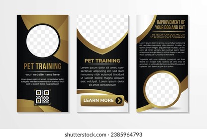 collection of dog training company roll up banner template. black and gold color element and background. fully marketing purpose design. attractive standee vertical layout banners. space for photo.