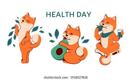 The collection of dogs akita for a healthy lifestyle. The cartoon characters with vegetables and leaves. Set of vector illustrations for health food designs