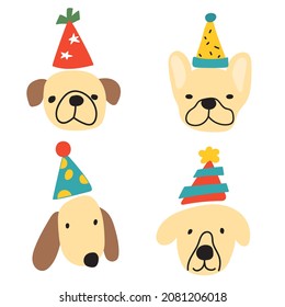 Collection of dogs faces wearing celebrating hats. Vector hand drawn illustration on white background. 