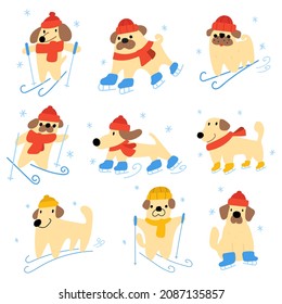 Collection of dogs ice skating and ski. Vector hand drawn icon illustrations on white background.