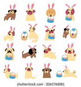 Collection of dogs wearing bunny ears for Easter party. Hand drawn vector icons illustrations on white background.