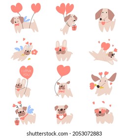 Collection of dogs wearing  costumes for Valentine's day. Vector illustration on white background.