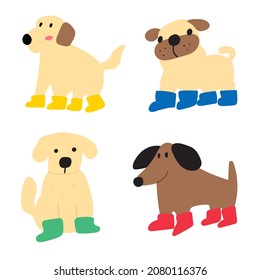 Collection of dogs wearing shoes. Vector hand drawn illustration on white background. 