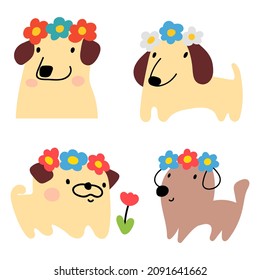 Collection of dogs wearing wreath flowers on heads. Hand drawn illustrations on white background.  