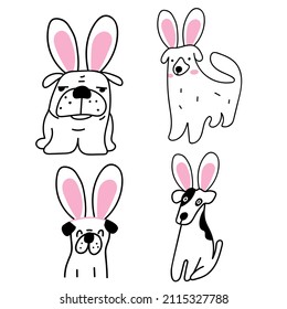 Collection Of Dogs Which Wearing Bunny Ears. Outline Icons. Easter Party. Illustration On White Background.